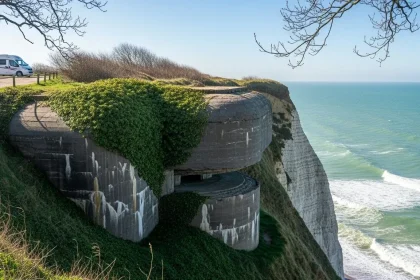 Bunker WWII en Normandie avec van blanc