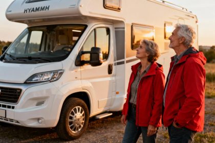Couple âgé admirant un camping-car Hymer ML-T blanc avec une veste rouge contrastée, lumière dorée du soir