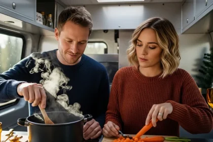 Couple cuisinant dans un van aménagé en hiver