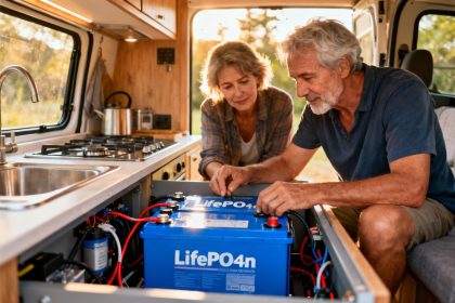 Couple européen dans la cinquantaine examinant l'installation d'une batterie LiFePO4 bleue dans leur campervan
