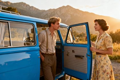 Couple d'âge mûr inspectant un van bleu vibrant pour la vanlife, porte ouverte avec montagnes en arrière-plan
