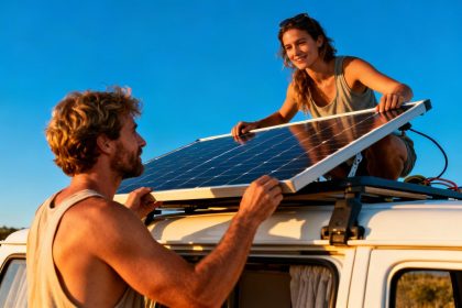 Couple d'une cinquantaine d'années installant un panneau solaire sur le toit de leur van sous un ciel bleu