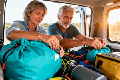 Couple d'âge moyen rangeant des accessoires turquoise dans leur van aménagé avec lumière naturelle