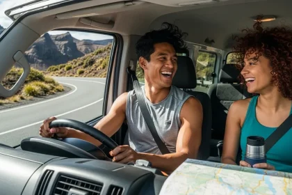 Couple en camping-car sur une route de Nouvelle-Zélande