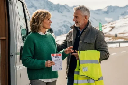 Couple devant un van avec gilet fluorescent en montagne