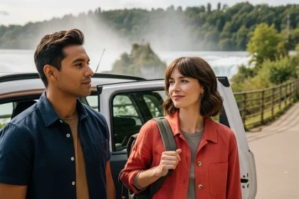 Couple devant les chutes du Rhin avec leur van