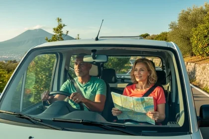 Couple vanlife conduisant avec vue sur le Vésuve