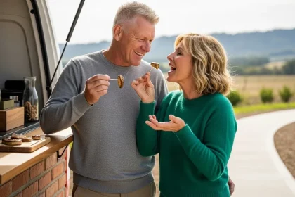Couple de vanlifeurs dégustant du foie gras fermier