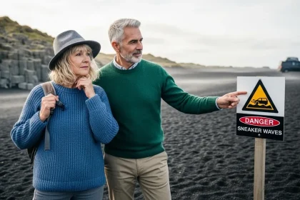 Couple de vanlifers sur une plage noire en Islande