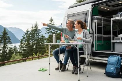 Couple partageant un repas devant leur van aménagé