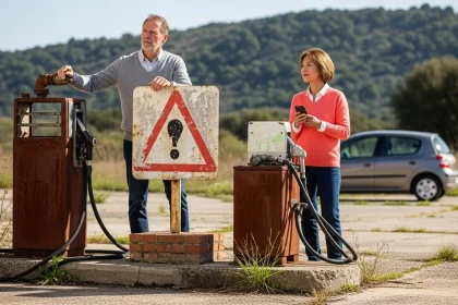 Couple explorant une station-service abandonnée en Provence