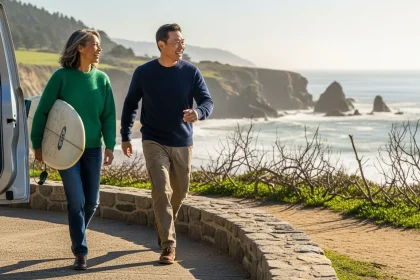 Couple joyeux marchant vers la plage en décembre