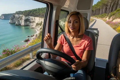 Femme conduisant un camper van sur une route côtière
