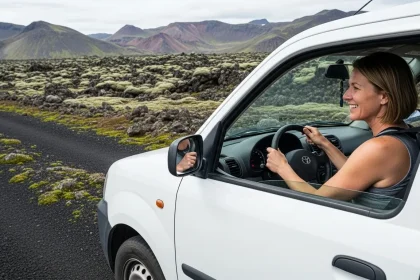 Femme conduisant un van sur une route de lave en Islande