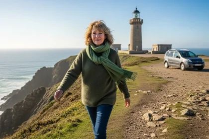 Femme marchant vers un phare sur une falaise atlantique