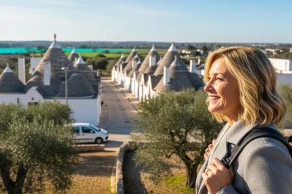 Femme explorant les trullis des Pouilles en hiver