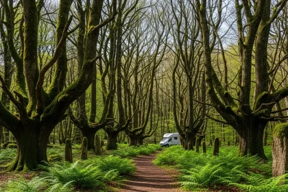 Forêt de Brocéliande avec van aménagé près du Val sans Retour