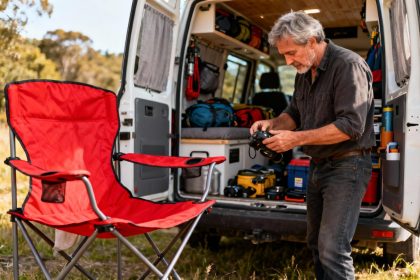Homme d'âge mûr examinant du matériel vanlife dans un fourgon aménagé avec une chaise de camping rouge