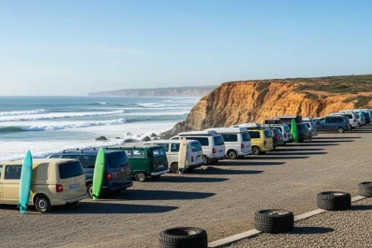 Parking de vans colorés pour surfeurs à Imsouane