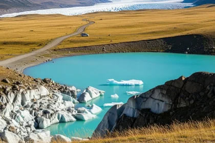 Paysage de Patagonie avec lac turquoise et van