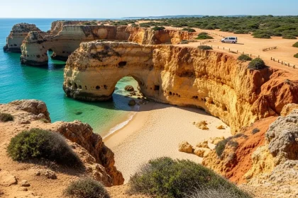 Plage secrète entre falaises dorées au Portugal
