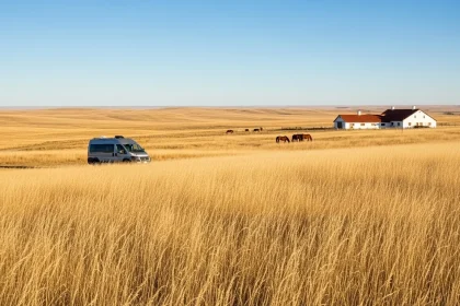Vaste prairie dorée avec van et chevaux en Hongrie