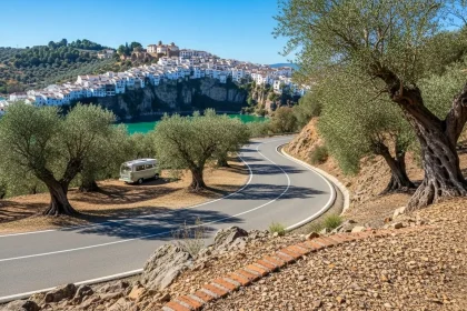 Route sinueuse traversant des oliveraies vers un village andalou