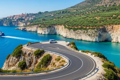 Route côtière ionienne avec van blanc et vue sur la mer