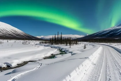 Route enneigée serpentant dans le Yukon sous les aurores boréales