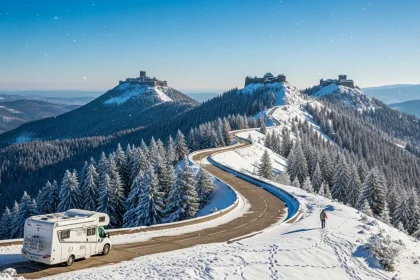Route enneigée dans les Vosges avec van en hiver