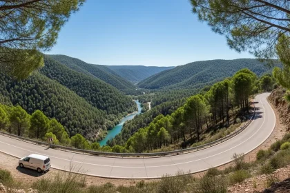 Route serpentine dans la sierra aux paysages verdoyants