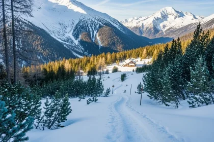 Sentier alpin enneigé à travers une forêt de pins
