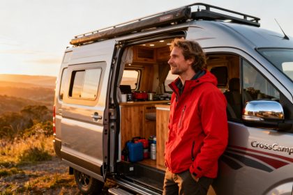 Toyota Crosscamp van rouge dans un cadre naturel, portes ouvertes montrant l'intérieur en bois et équipement de camping