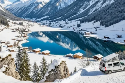 Vallée tyrolienne enneigée avec chalets et camping-car