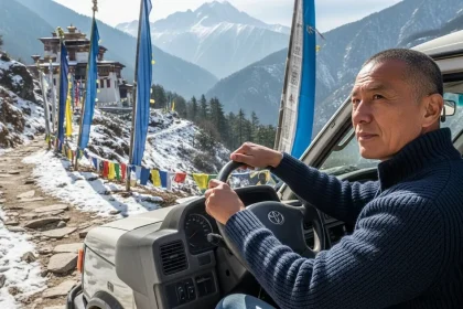 Van 4x4 dans l'Himalaya enneigé vers un monastère