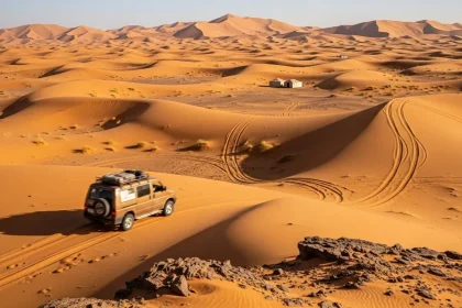 Van 4x4 traversant les dunes ocre du Sahel
