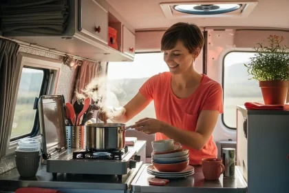 Femme préparant un repas dans un van aménagé