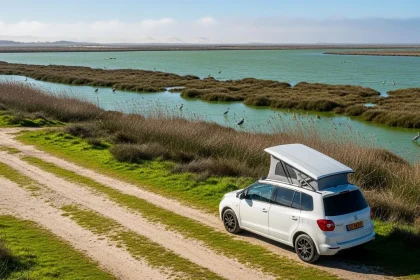 Van blanc garé près des marais d'El Rocío