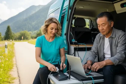 Couple installant un bureau mobile dans un van avec routeur