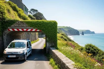 Van passant sous une barrière de hauteur sur route côtière