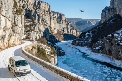Van voyageant dans une gorge enneigée et glacée