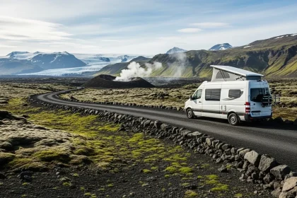 Van blanc sur route de lave en Islande
