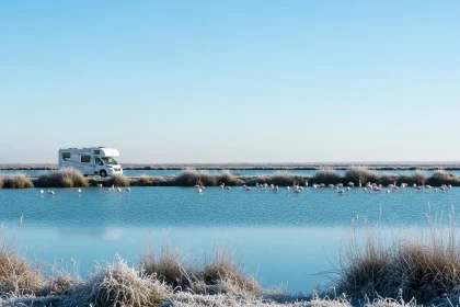 Van blanc près de lagons turquoise avec flamants roses