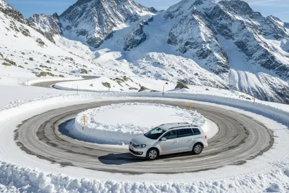 Van blanc naviguant une route alpine enneigée