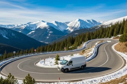 Van blanc descendant les routes enneigées des Carpates