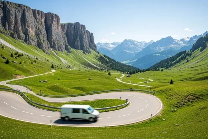 Van traversant une route de montagne vers des alpages