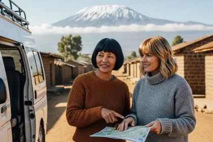 Couple voyageurs discutant camping près du Kilimandjaro