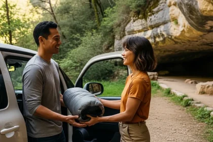 Couple déchargeant leur van près d'une grotte des Cévennes