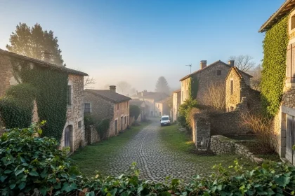 Village abandonné en France avec van pour bivouac