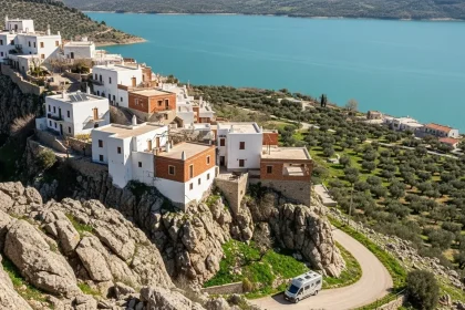 Village blanc perché sur une falaise avec lac turquoise